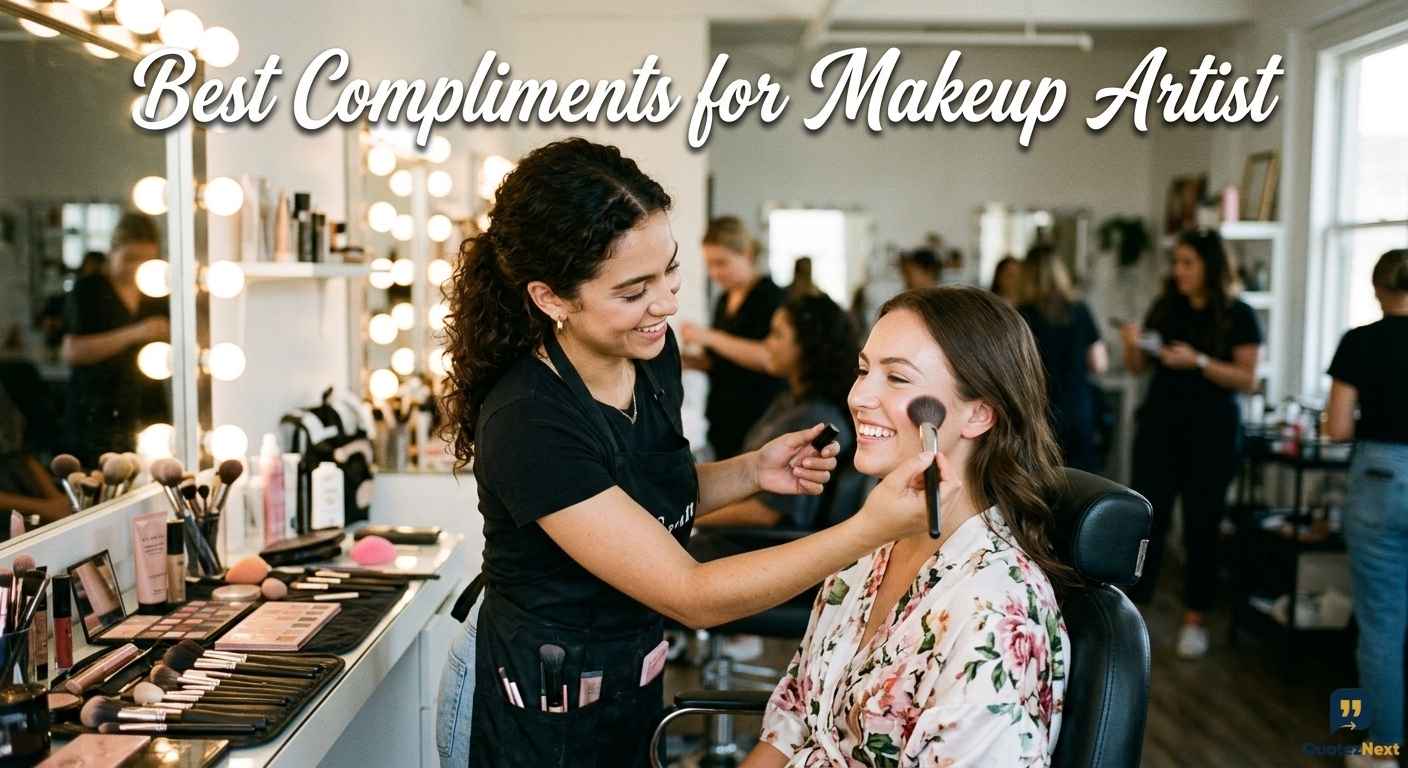 A smiling makeup artist applies blush to a seated client in a brightly lit studio with the text 'Best Compliments for Makeup Artist'.