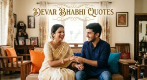 An Indian man and woman holding hands and laughing. Above them, gold calligraphic text reads, "Devar Bhabhi Quotes".