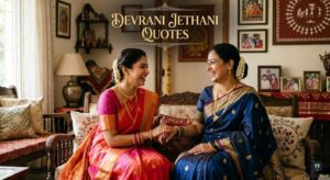 A heartwarming image of two women in traditional sarees laughing together, titled "DEVRANI JETHANI QUOTES". They hold hands, surrounded by traditional Indian home decor and family photos.