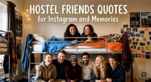 A cheerful group of young travelers laughs together in a cozy hostel dorm room, creating unforgettable memories around bunk beds, photos, and warm lights.