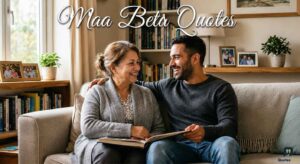 Smiling mother and son share a warm moment on a cozy sofa, looking through memories together in their home happily.