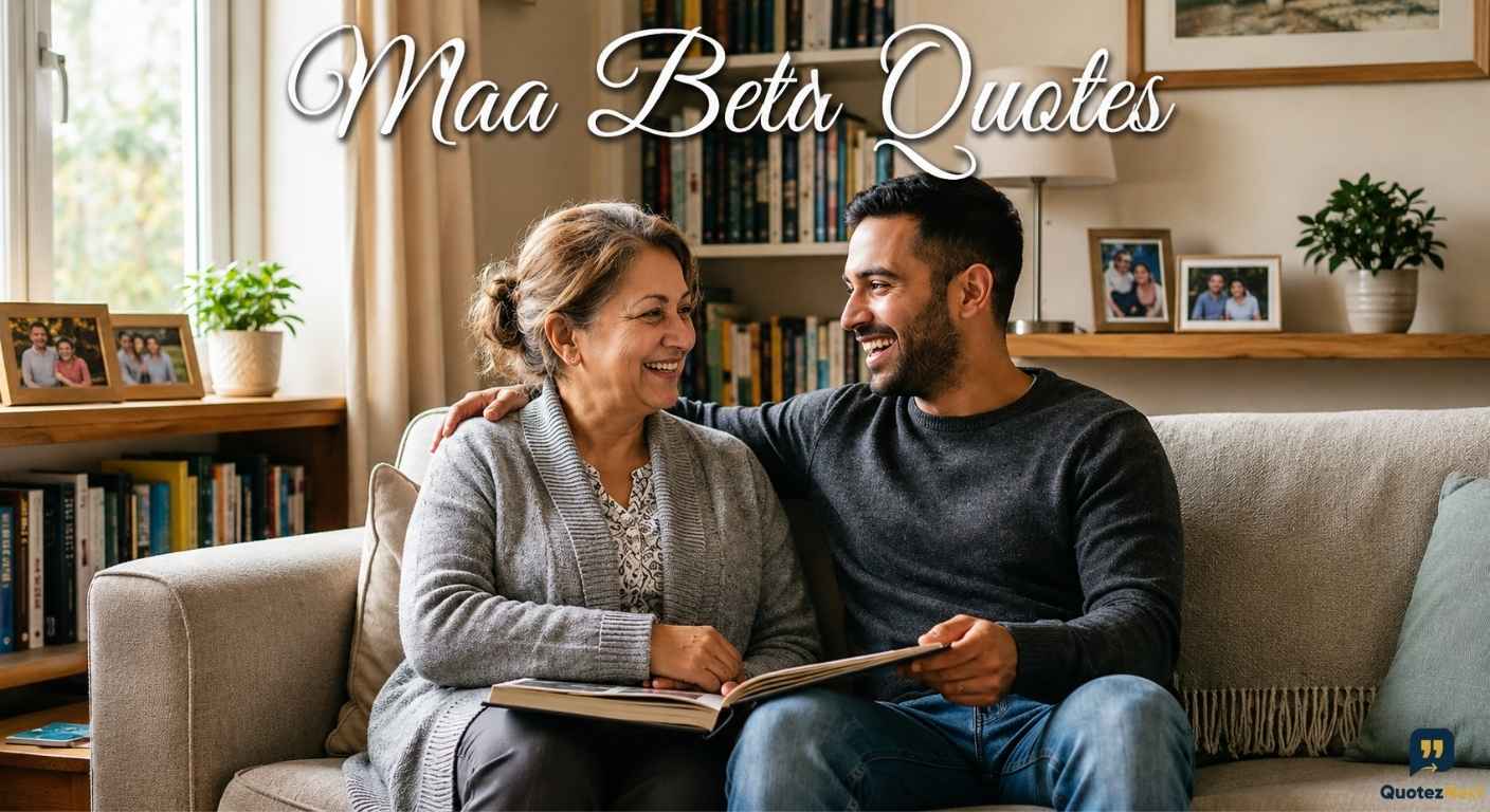Smiling mother and son share a warm moment on a cozy sofa, looking through memories together in their home happily.