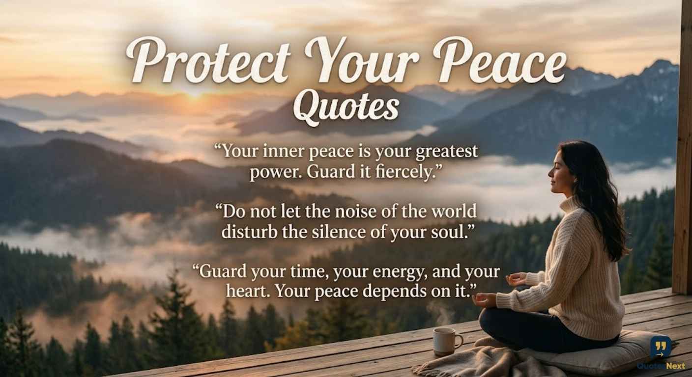 "A woman in a cozy sweater meditates on a wooden deck overlooking misty mountains and a golden sunset, with inspirational text."