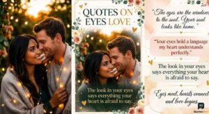 Romantic collage featuring couple gazing lovingly at sunset, surrounded by floral accents and heartfelt eye-love quotes with elegant typography throughout.
