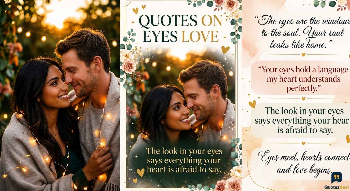 Romantic collage featuring couple gazing lovingly at sunset, surrounded by floral accents and heartfelt eye-love quotes with elegant typography throughout.