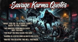 A dark, stylized illustration for "Savage Karma Quotes," showing a hooded figure with glowing eyes over a broken businessman on a dark, rainy street.