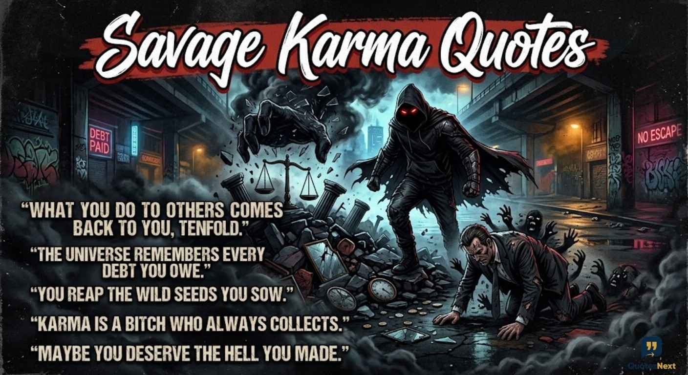 A dark, stylized illustration for "Savage Karma Quotes," showing a hooded figure with glowing eyes over a broken businessman on a dark, rainy street.
