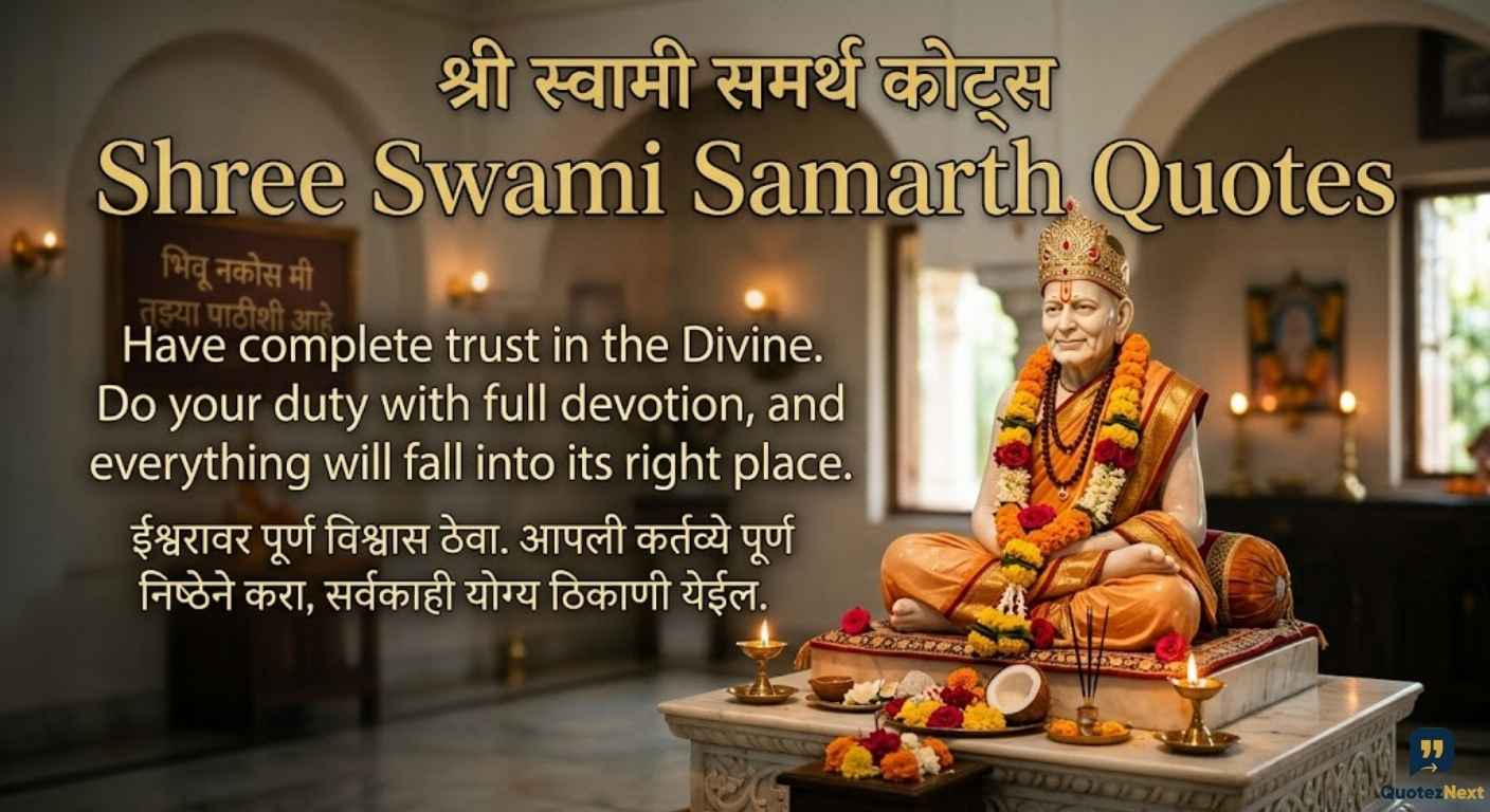 A peaceful temple features a Shree Swami Samarth idol with devotional flowers and lamps, displaying Shree Swami Samarth Quotes inspiring unwavering faith, devotion, and spiritual guidance.