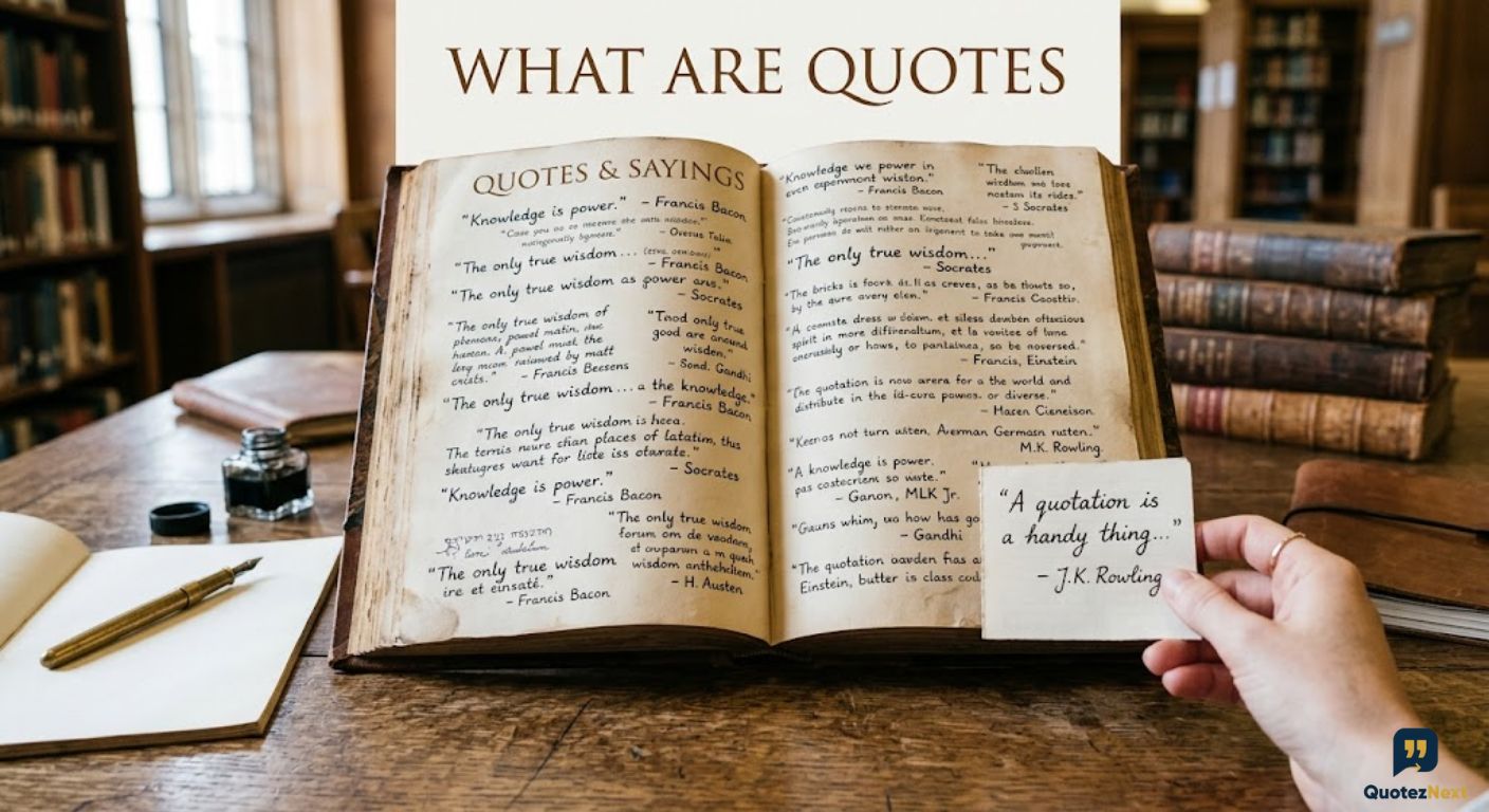 A candid, realistic photograph from a low angle of an open antique book on a wooden desk with the title "WHAT ARE QUOTES" in a banner above it. In the background there is a bookshelf and a pile of old books.