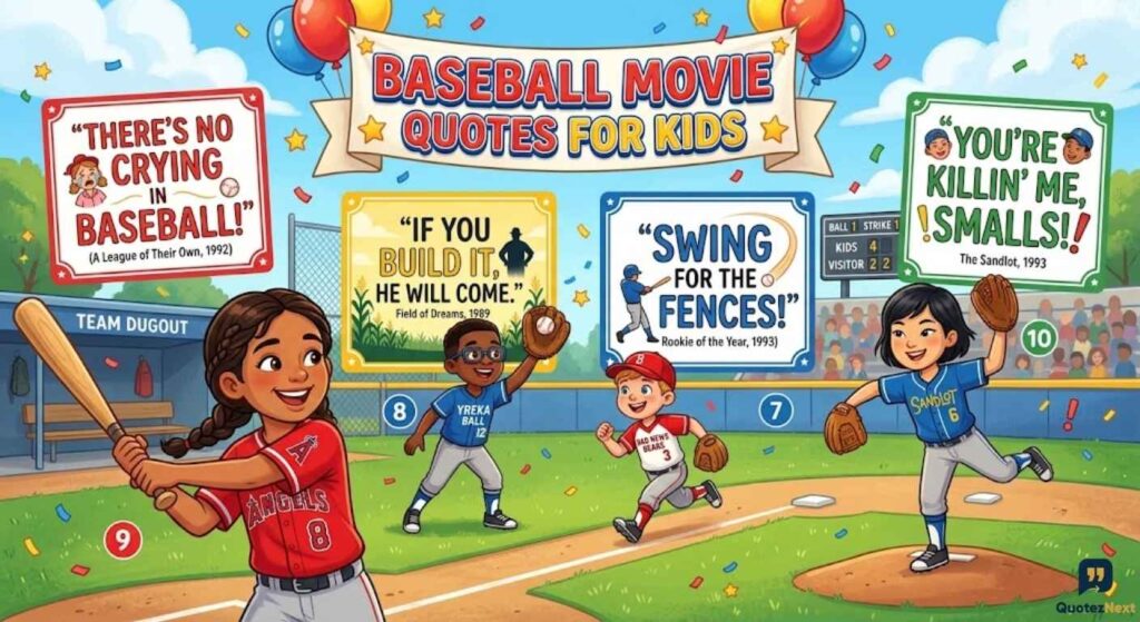 An illustration of kids playing on a field, surrounded by posters featuring famous Baseball Movie Quotes For Kids.
