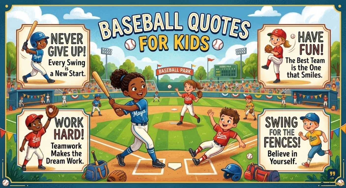 An illustrated baseball game with happy players and motivational signs. Includes key Baseball Quotes for Kids.