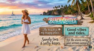 A woman walks on a sunset beach next to wooden signs with beach quotes, palm trees, and a sailboat in the background.