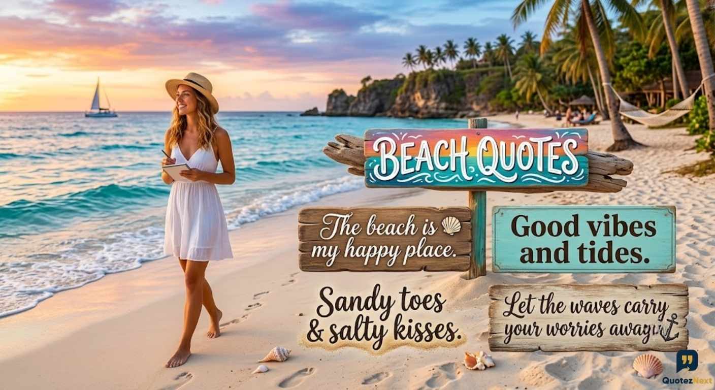 A woman walks on a sunset beach next to wooden signs with beach quotes, palm trees, and a sailboat in the background.