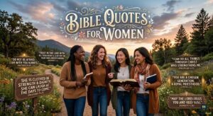 Four diverse women on a trail with Bible Quotes for Women in gold script and on signs, at sunset.