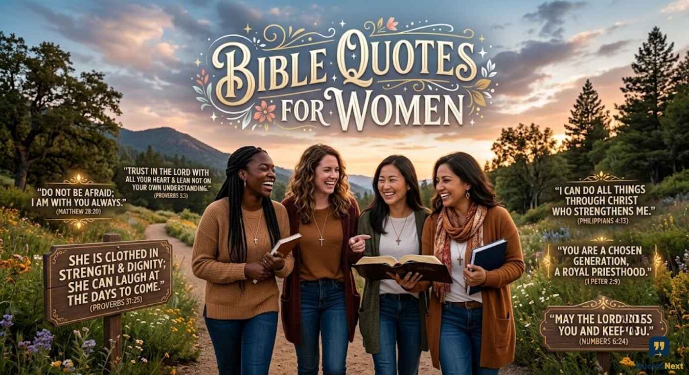 Four diverse women on a trail with Bible Quotes for Women in gold script and on signs, at sunset.