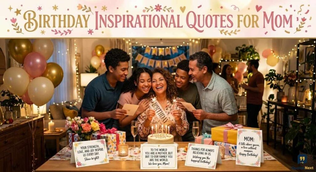 A mother smiles with family at a birthday party, surrounded by cards with Birthday Inspirational Quotes for Mom and balloons.