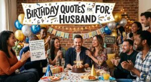A man celebrates his 40th birthday with a wife, friends, cake, and a sign that reads, "Birthday Quotes For Husband."