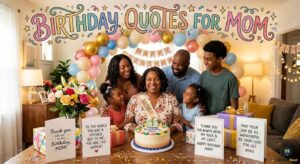 A mother, surrounded by her loving family and colorful birthday balloons, celebrates with a cake and birthday quotes for mom.