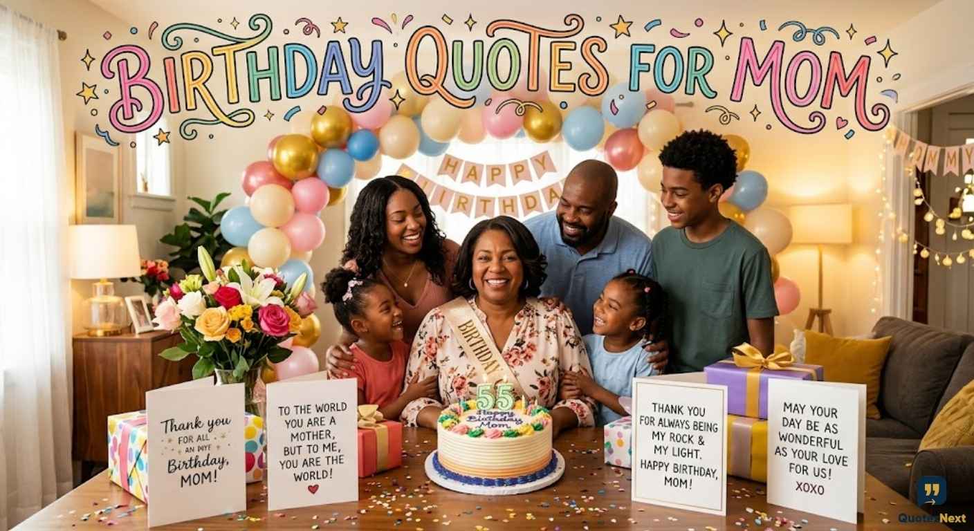 A mother, surrounded by her loving family and colorful birthday balloons, celebrates with a cake and birthday quotes for mom.