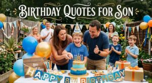A happy family celebrates a boy cutting his cake outdoors, highlighting heartfelt Birthday Quotes for Son for his big day.