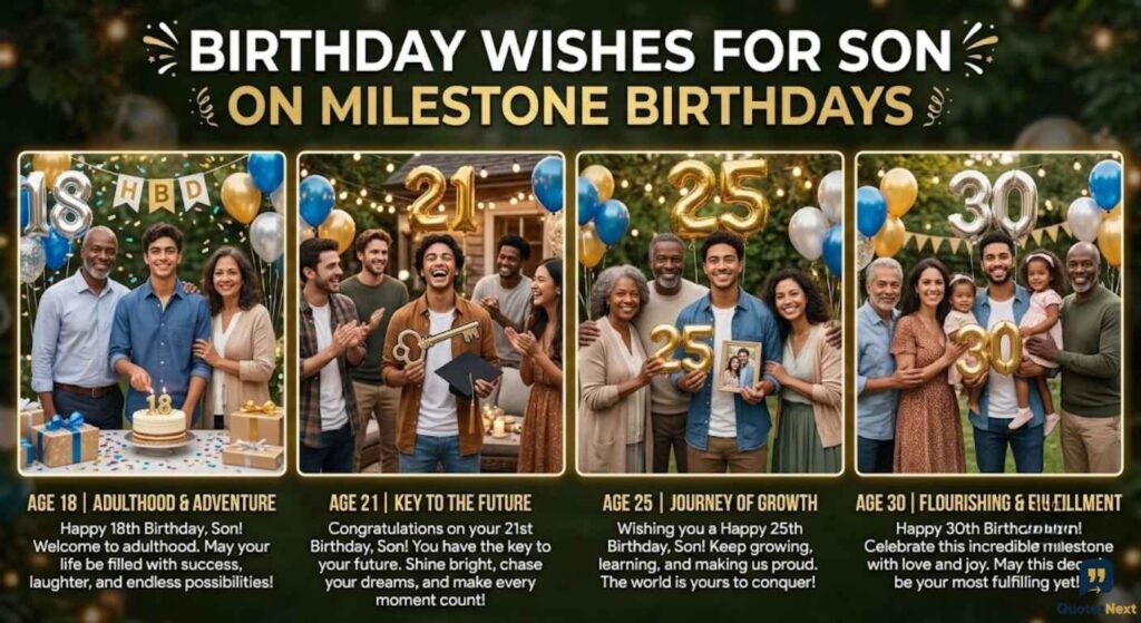 A family celebrates Birthday Wishes for Son on Milestone Birthdays with photos and quotes for ages 18, 21, 25, and 30.