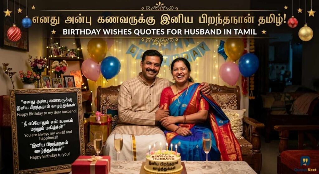 A happy Tamil couple celebrates a birthday; a sign displays Birthday Wishes Quotes For Husband In Tamil.