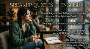 A melancholic young woman sits in a cafe looking out a rainy window, accompanied by "Breakup Quotes in English" and other poignant texts.