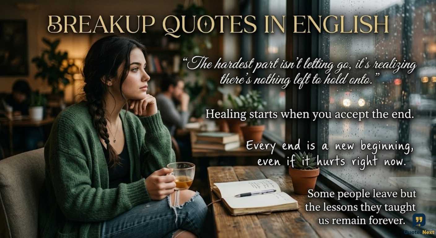 A melancholic young woman sits in a cafe looking out a rainy window, accompanied by "Breakup Quotes in English" and other poignant texts.