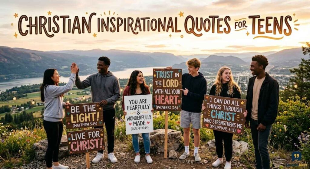 A diverse group of happy teens on a scenic overlook holding signs with Christian Inspirational Quotes for Teens at sunset.
