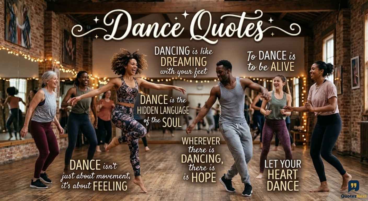 Six people dance with joy in a lit, brick-walled studio, under the elegant title, "Dance Quotes," which is set in sparkling gold script.