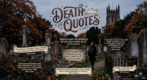 A moody view of a cemetery path at dusk. A person walks among old headstones, which are marked with gold script death quotes.