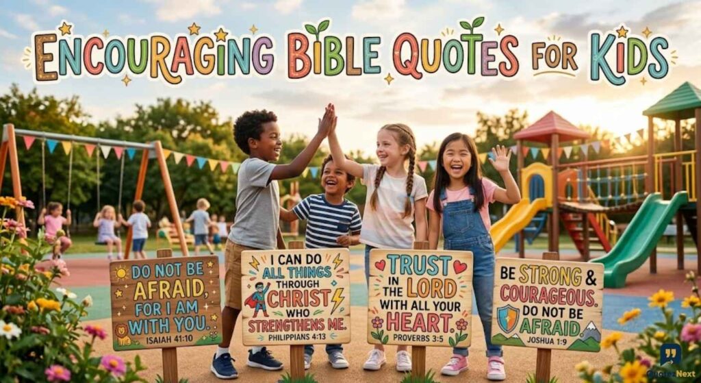 A group of happy, diverse children on a playground next to signs displaying Encouraging Bible Quotes for Kids.