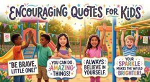 Diverse children playing on a playground under a banner with "ENCOURAGING QUOTES FOR KIDS" and signs like "BE BRAVE."