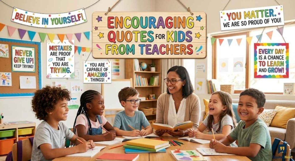 A teacher and students in a classroom with signs featuring Encouraging Quotes for Kids from Teachers.