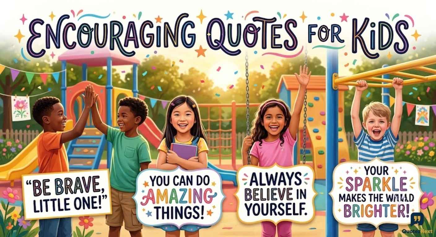 Diverse children playing on a playground under a banner with "ENCOURAGING QUOTES FOR KIDS" and signs like "BE BRAVE."