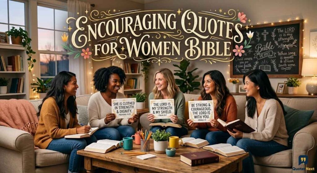 Five diverse women gather, holding and reading Encouraging Quotes for Women Bible verses like Proverbs 31:25.