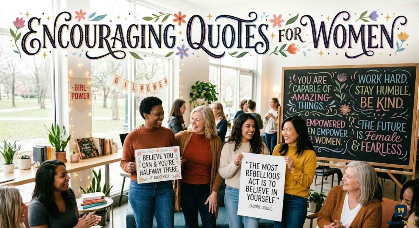 A diverse group of women smiling and holding signs with Encouraging Quotes for Women in a cozy, bright room.
