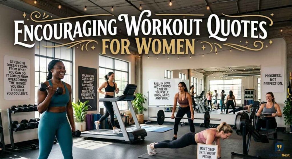 A group of women smile while lifting weights and exercising, surrounded by signs with Encouraging Workout Quotes for Women.
