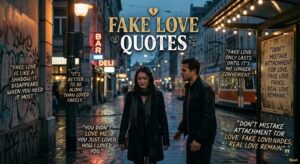 A sad couple on a rainy city street. Gold and white text reads "Fake Love Quotes" with quotes on heartbreak surrounding them.
