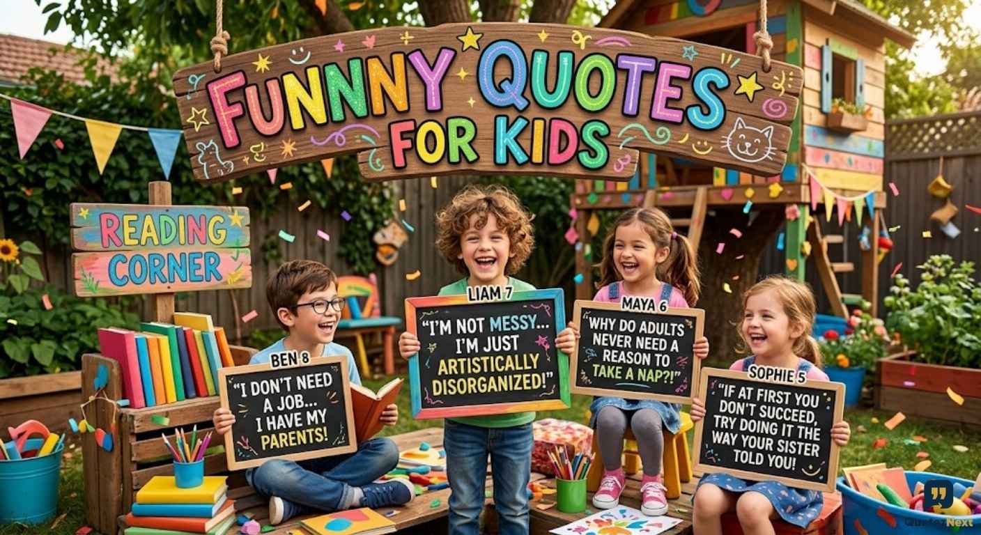 Four laughing kids holding chalkboards with jokes in a colorful backyard. A wooden sign reads "FUNNY QUOTES FOR KIDS".