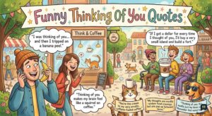 A cartoon featuring "Funny Thinking Of You Quotes," with people and animals sharing humorous thoughts about friendship.