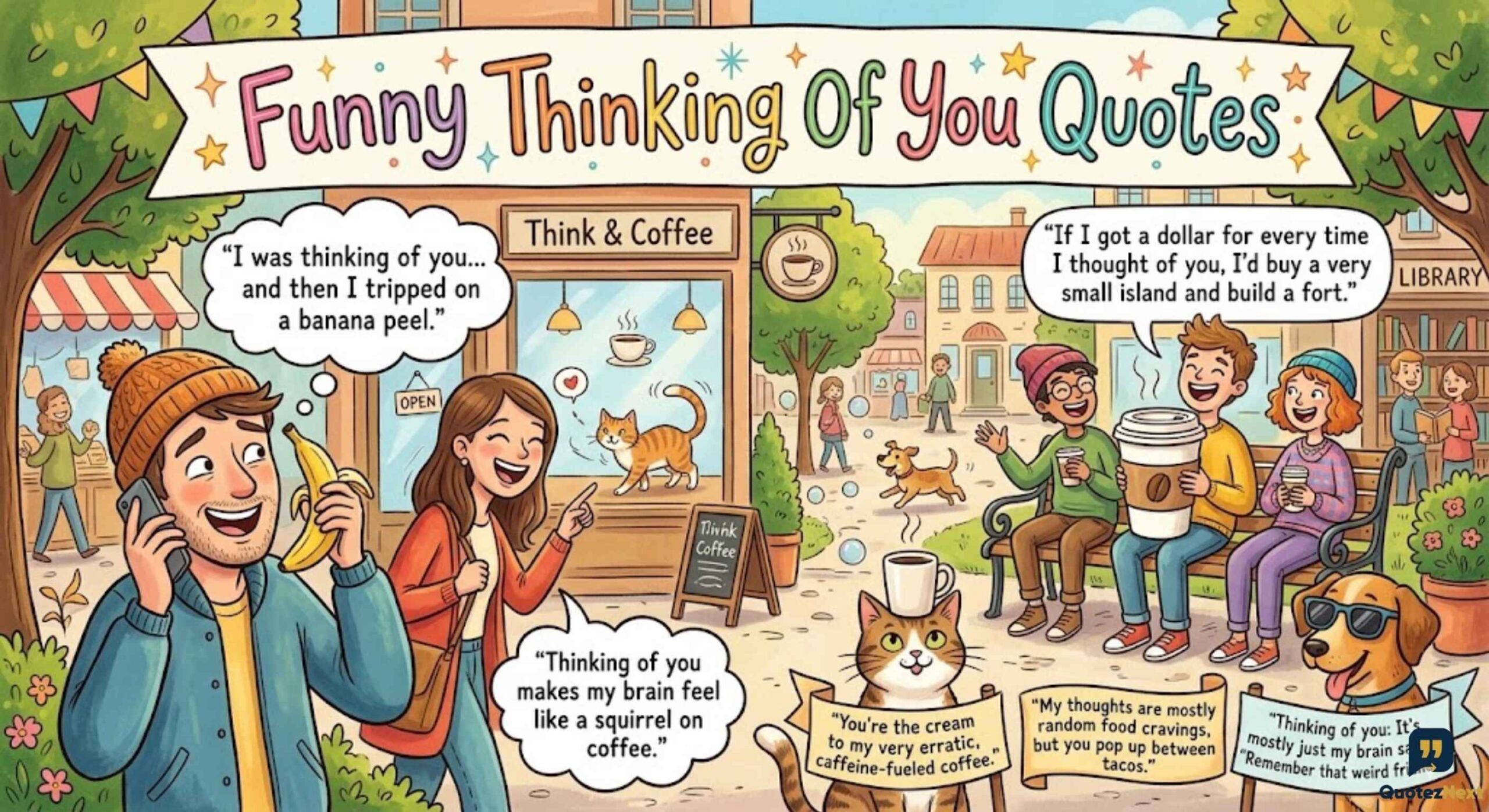 A cartoon featuring "Funny Thinking Of You Quotes," with people and animals sharing humorous thoughts about friendship.