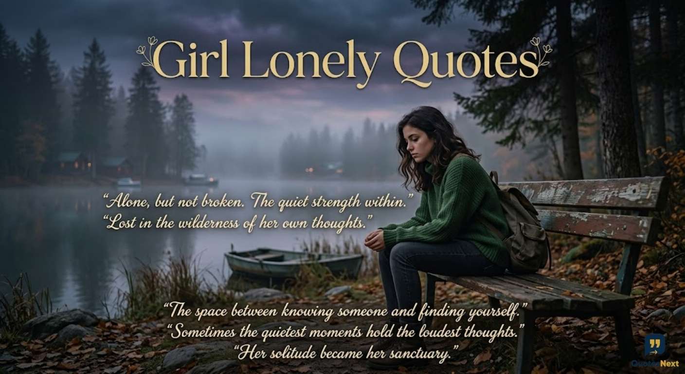 A lonely girl sits on a park bench by a misty lake, featuring the title "Girl Lonely Quotes" with melancholic text.