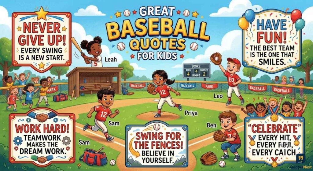 An illustration of a diverse youth baseball game with happy players and motivational signs. Includes key Great Baseball Quotes For Kids.
