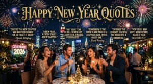 Four friends on a rooftop celebrating New Year's Eve with fireworks, champagne, and several motivational quotes on the screen.