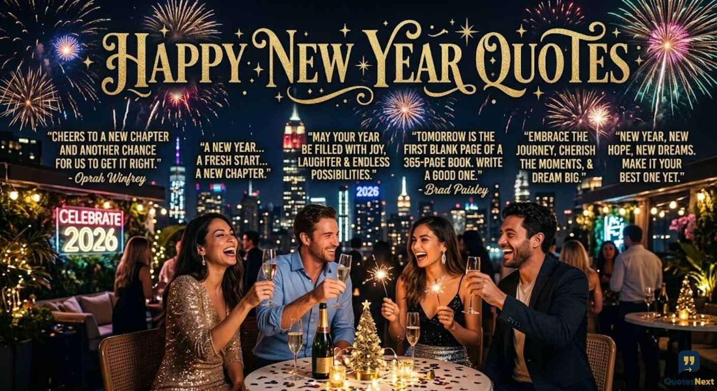 Four friends on a rooftop celebrating New Year's Eve with fireworks, champagne, and several motivational quotes on the screen.