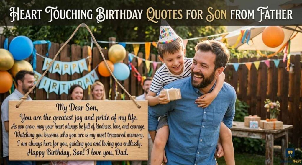 A loving father gives his son a piggyback ride, showing Heart Touching Birthday Quotes for Son from Father during a party.