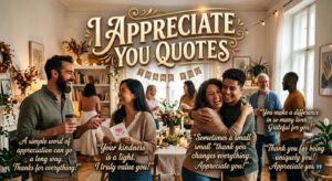 A group gathering happily around a "THANK YOU" sign, accompanied by large gold text: "I APPRECIATE YOU QUOTES" and several encouraging quotes.