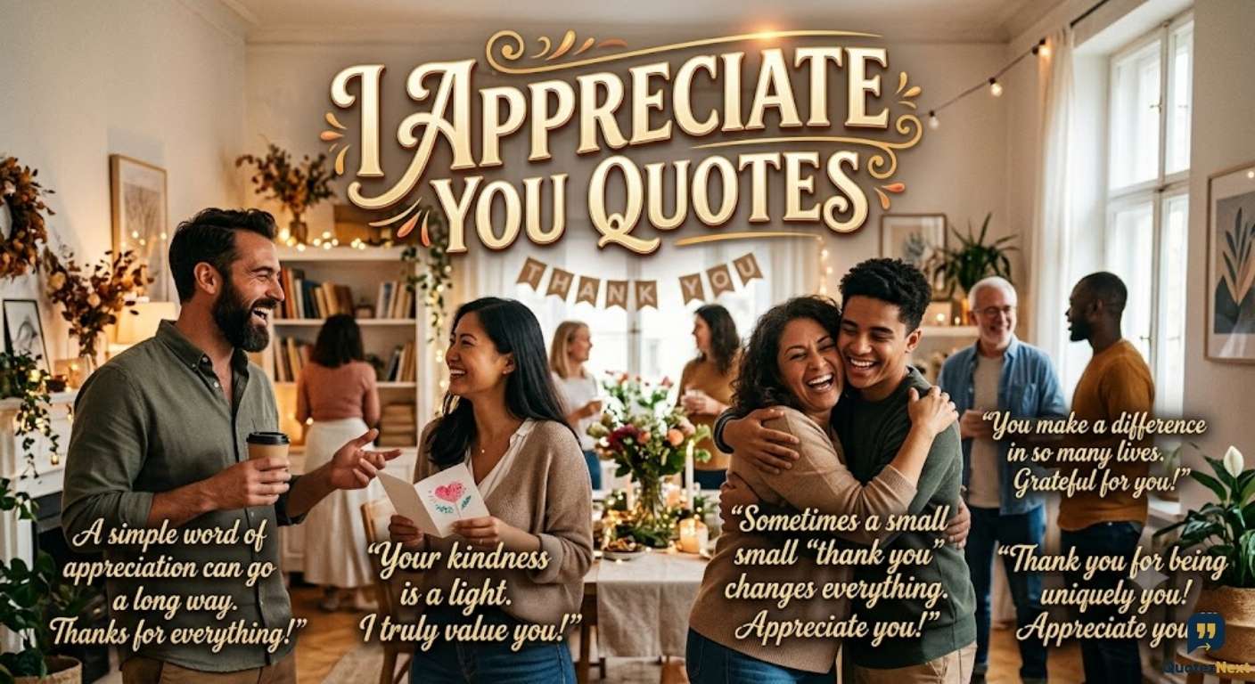 A group gathering happily around a "THANK YOU" sign, accompanied by large gold text: "I APPRECIATE YOU QUOTES" and several encouraging quotes.