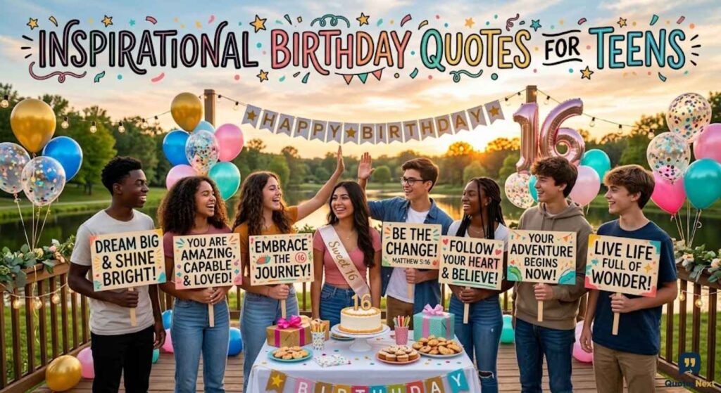 Teens celebrating a birthday with balloons, gifts, and signs featuring Inspirational Birthday Quotes for Teenss outdoors.